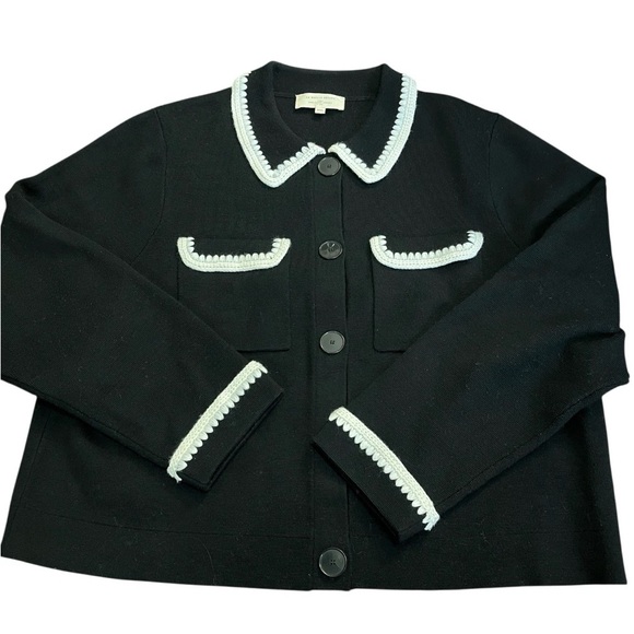 Sézane Betty Cardigan Black Ecru Crochet Trim Parisian Chic XXL Sz 12 NWOT - Picture 3 of 6